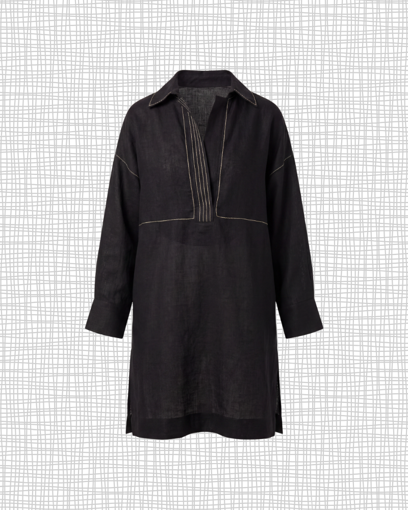 Black Linen Anchor Thread Tunic