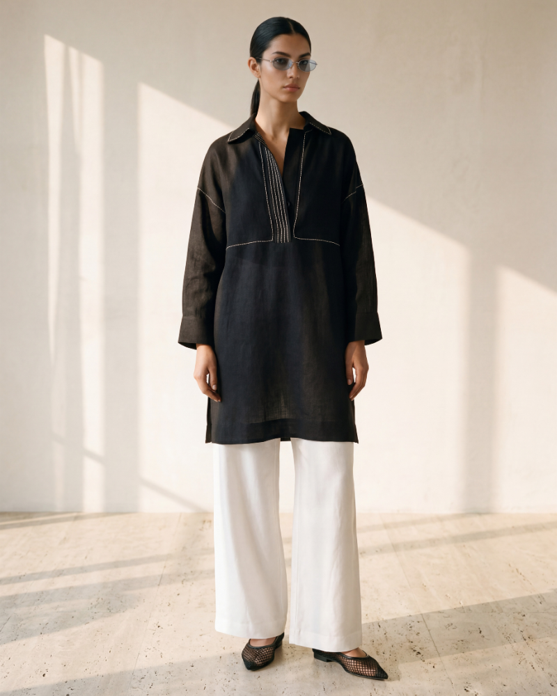 Black Linen Anchor Thread Tunic