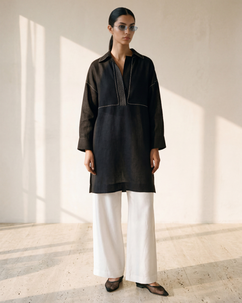 Black Linen Anchor Thread Tunic