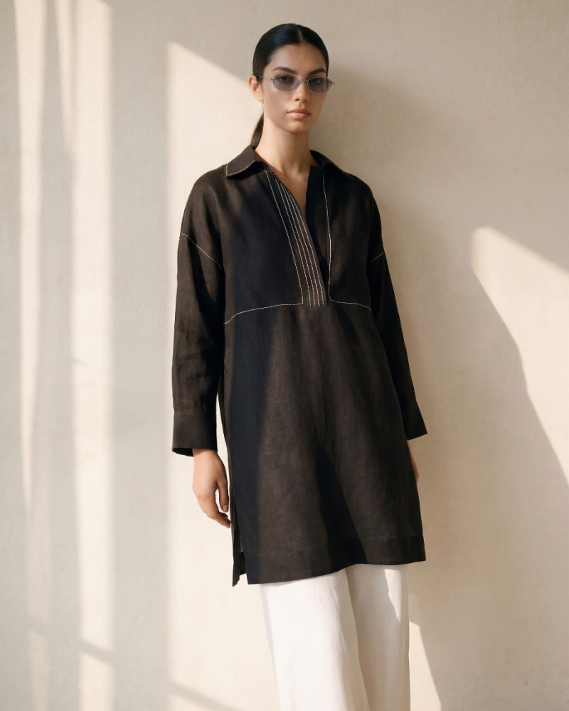 Black Linen Anchor Thread Tunic